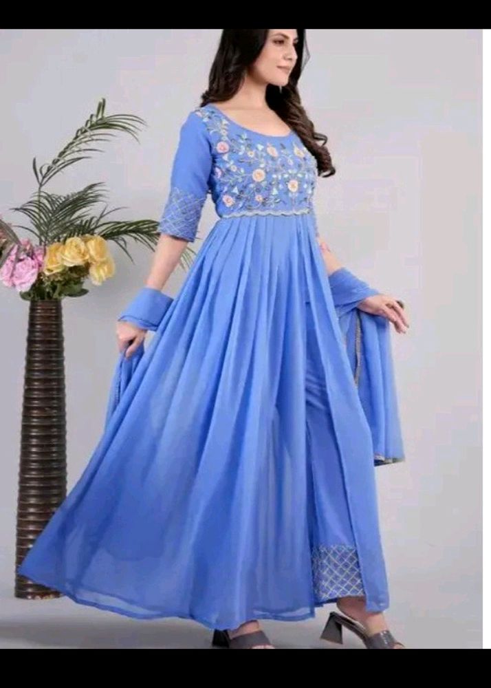Blue Front Slit Kurti With Plazoo And Dupatta
