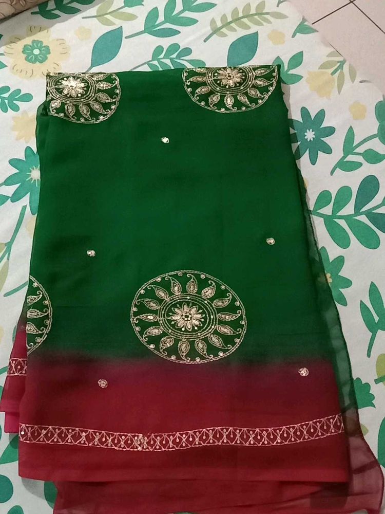 Green &amp;Pink  Embroidered Saree No Blouse