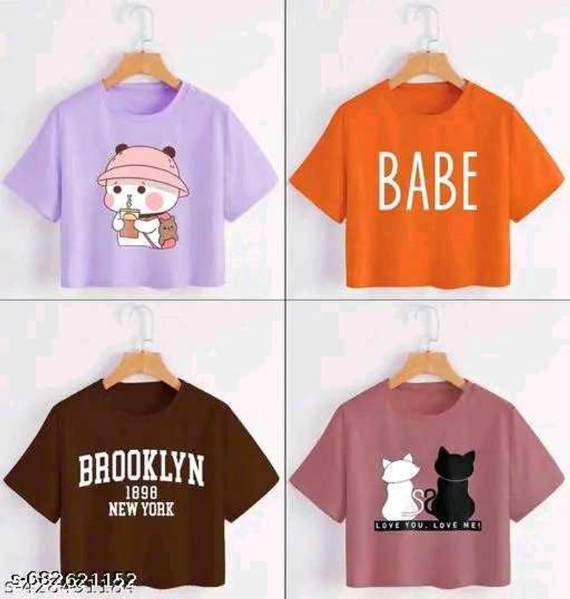 Combo Of 4 Cute Graphic Crop Top Bundle