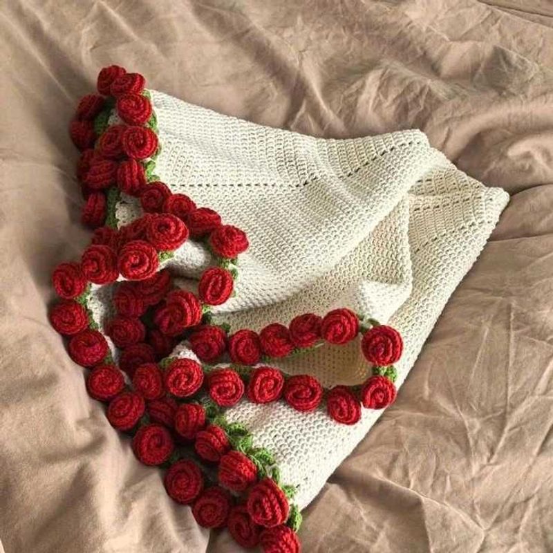 Handmade Crocheted Shawl with Rose Trim