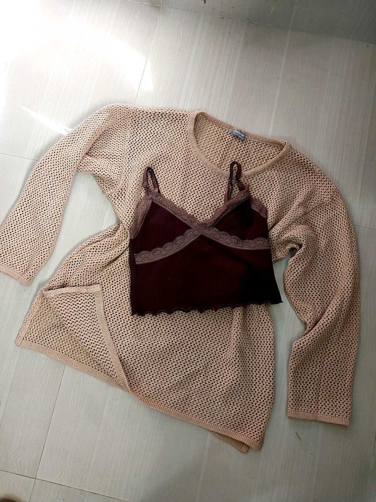 H&amp;m Brown Tank and a beige Net Top Set.