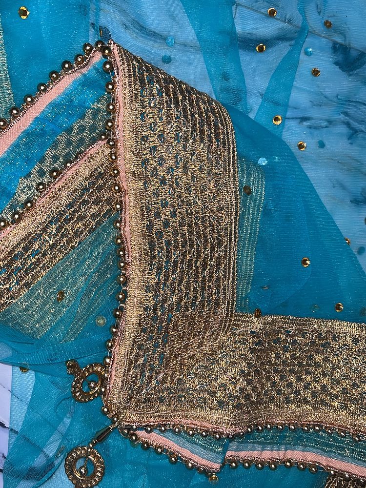 Traditional Bridal Dupatta#ocean Blue With Golden