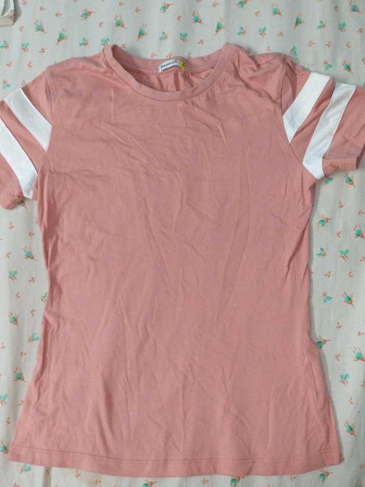 Peach Tee with White Stripes On Sleeves
