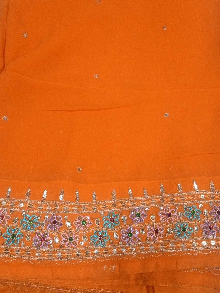 Orange Floral Embroidered Sari