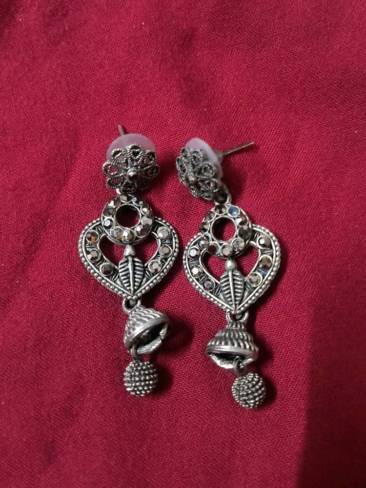 Silver Tone Dangle Oxidised Earrings