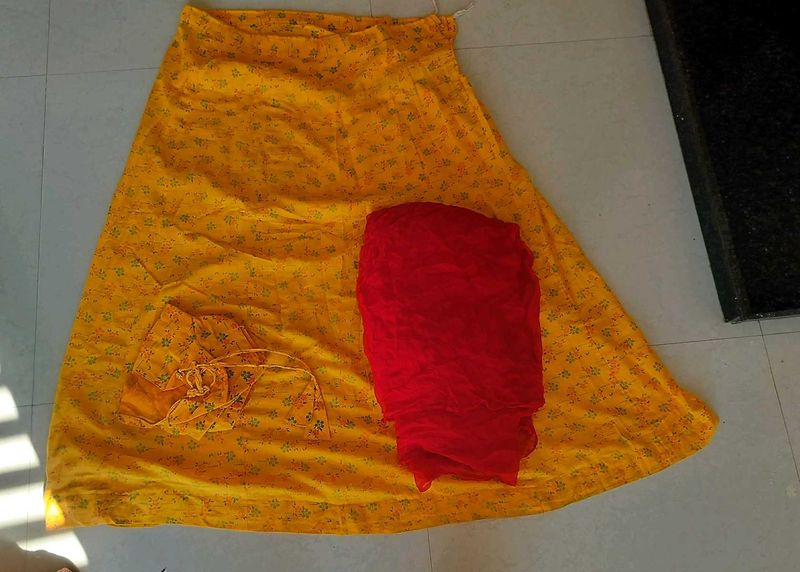 Yellow &amp; Red Ethnic Skirt Set