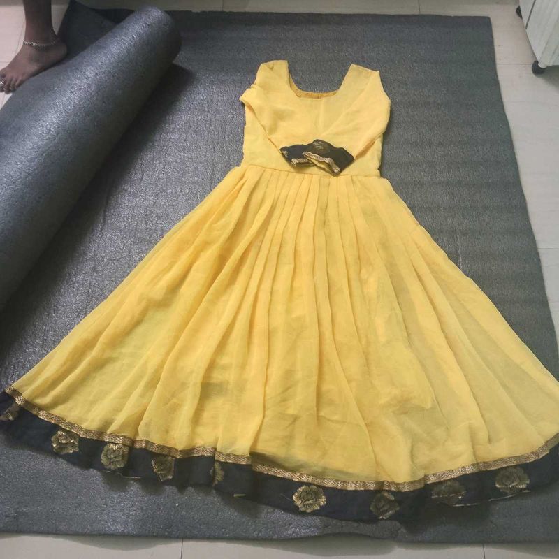 Yellow Anarkali Dress with Floral Trim