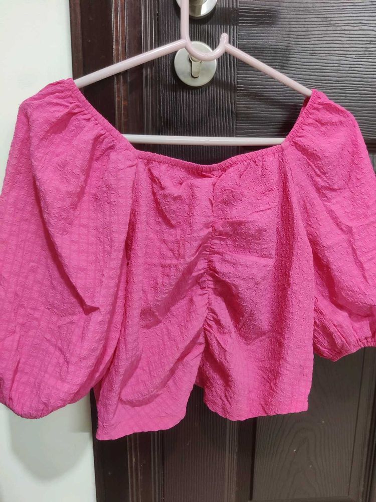 Pink Puff Sleeve Ruched Crop Top