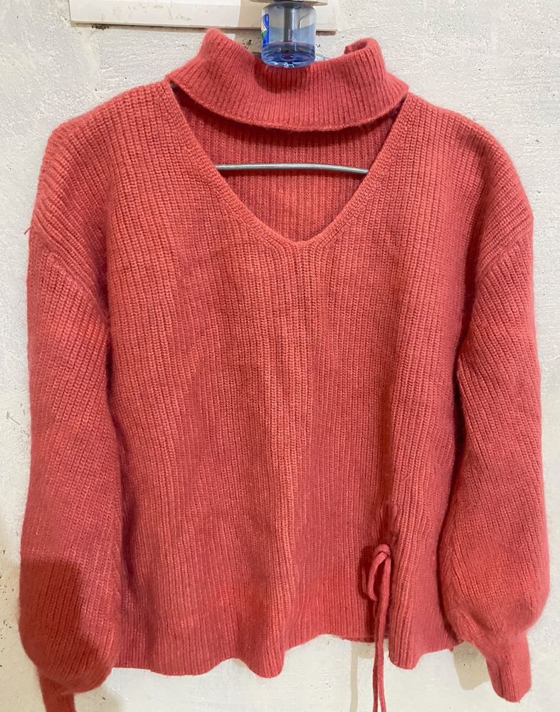Pink Woolen Neck Cut Sweater With Black Inner