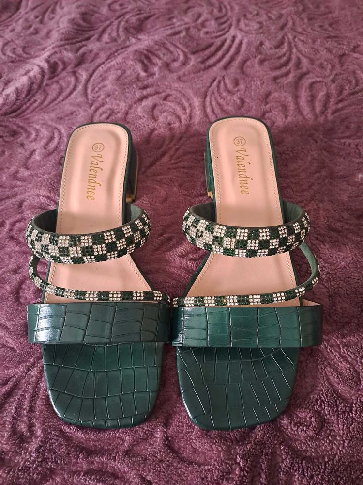Emerald Green Embellished Heeled Sandals