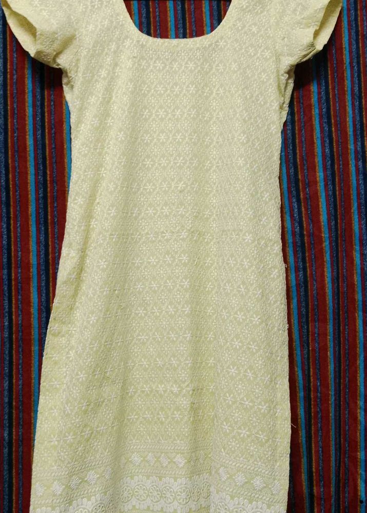 Chikankari Lime Yellow Kurti For Women