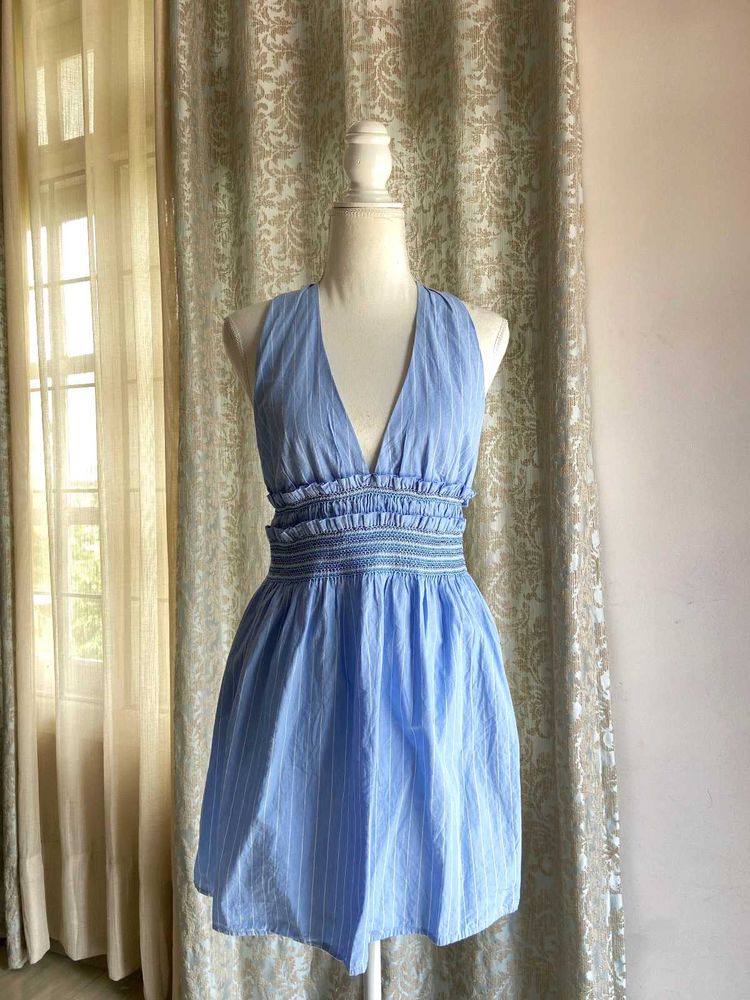 Blue Striped Halter Poplin Mini Dress