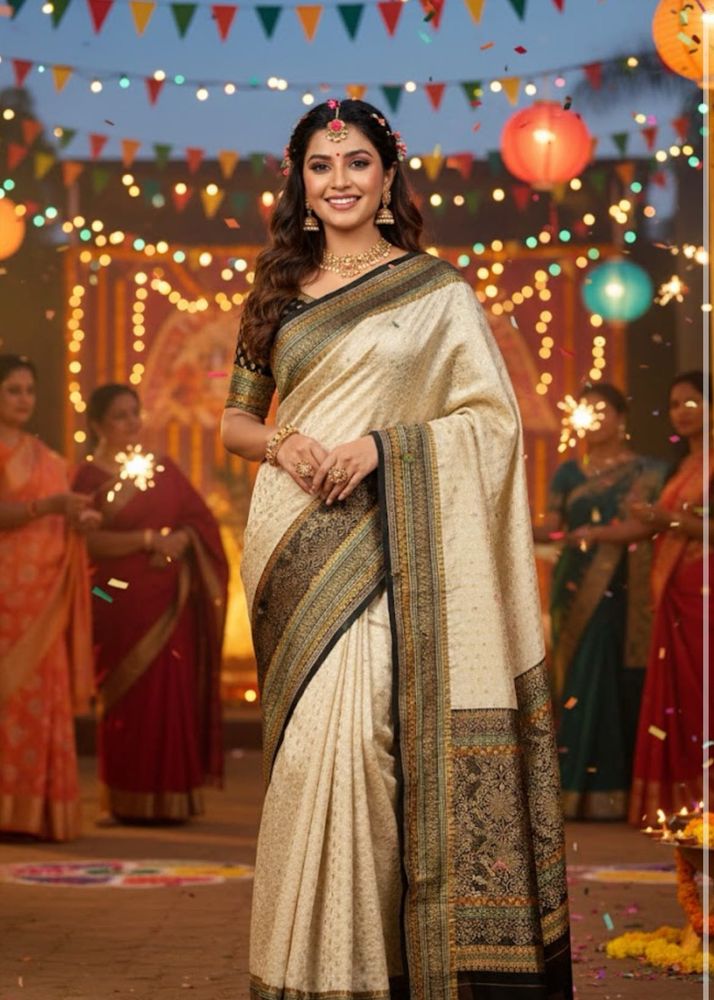 ✨Elegant Gold  &amp; Black Silk Sare✨