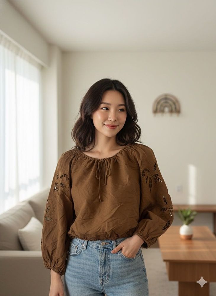 Brown Boho Peasant Top h&amp;m