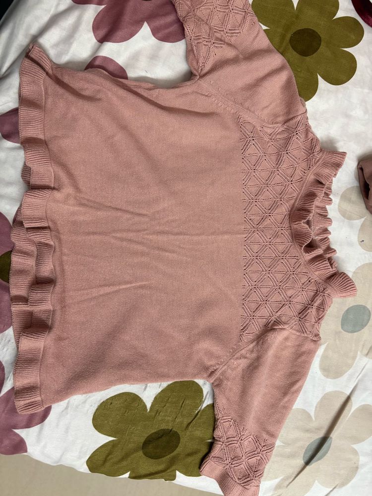 Cute Pink Ruffle Trim Sweater