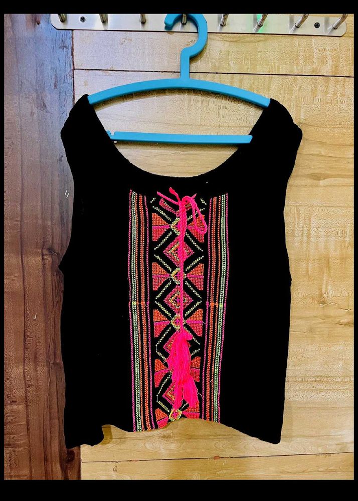 Embroidered Black Tank Top