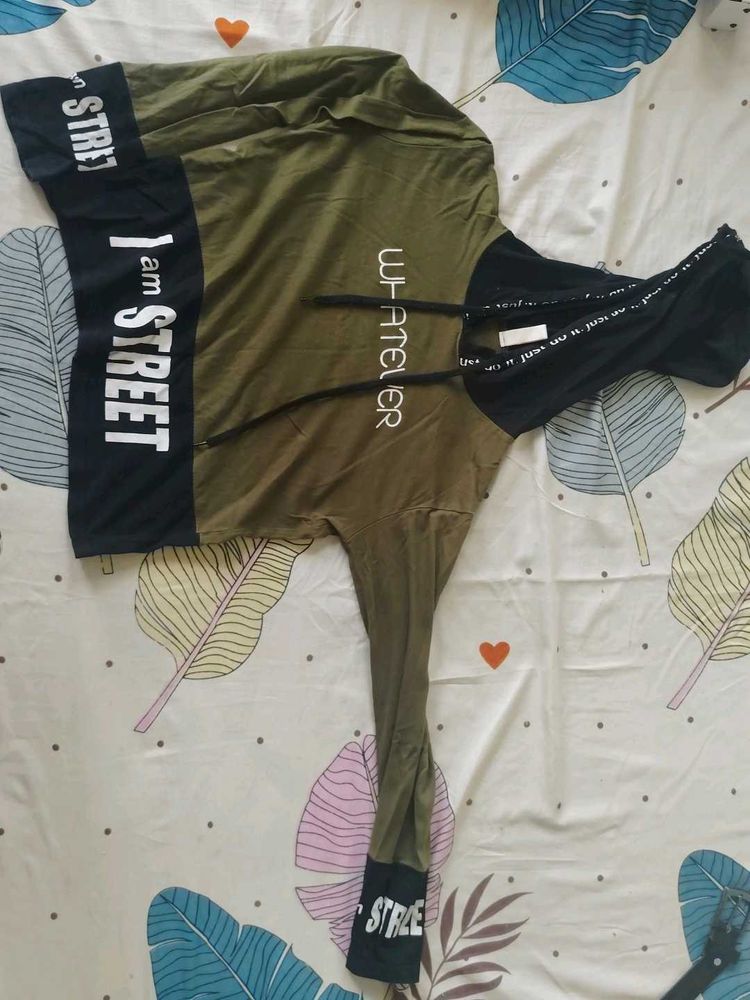 Black And Dark Dull Green Full Sleeve Top