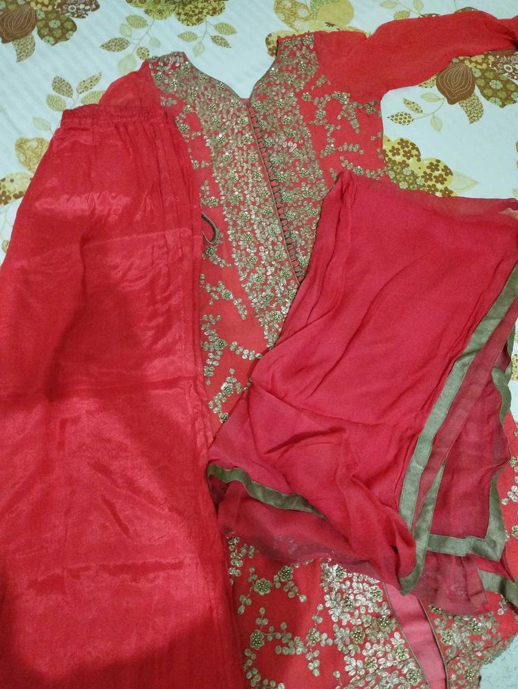 Red Embroidered Kurta Set