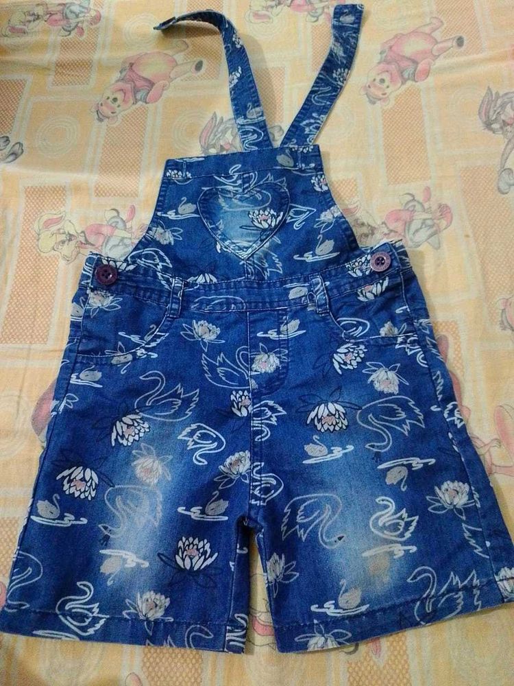Swan Print Denim Overalls