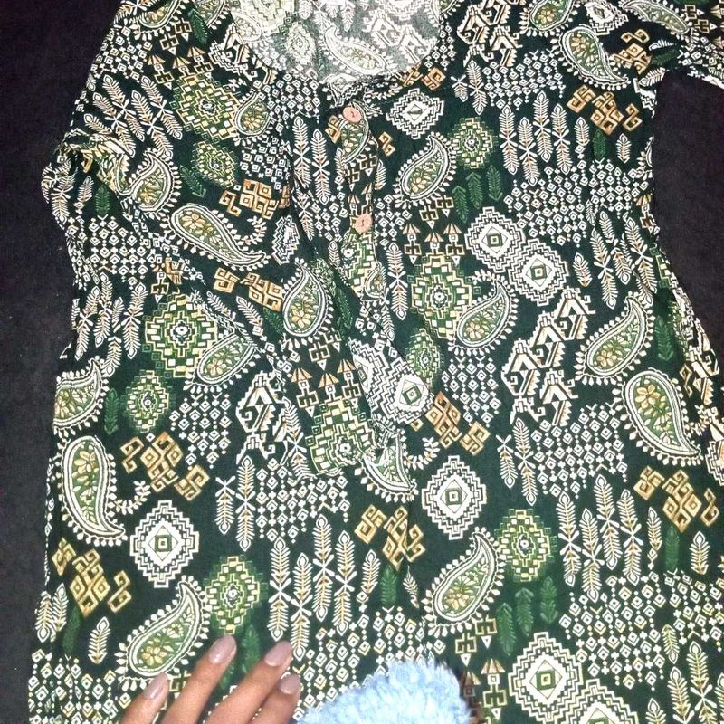 Dark Green Printed Short Kurti
