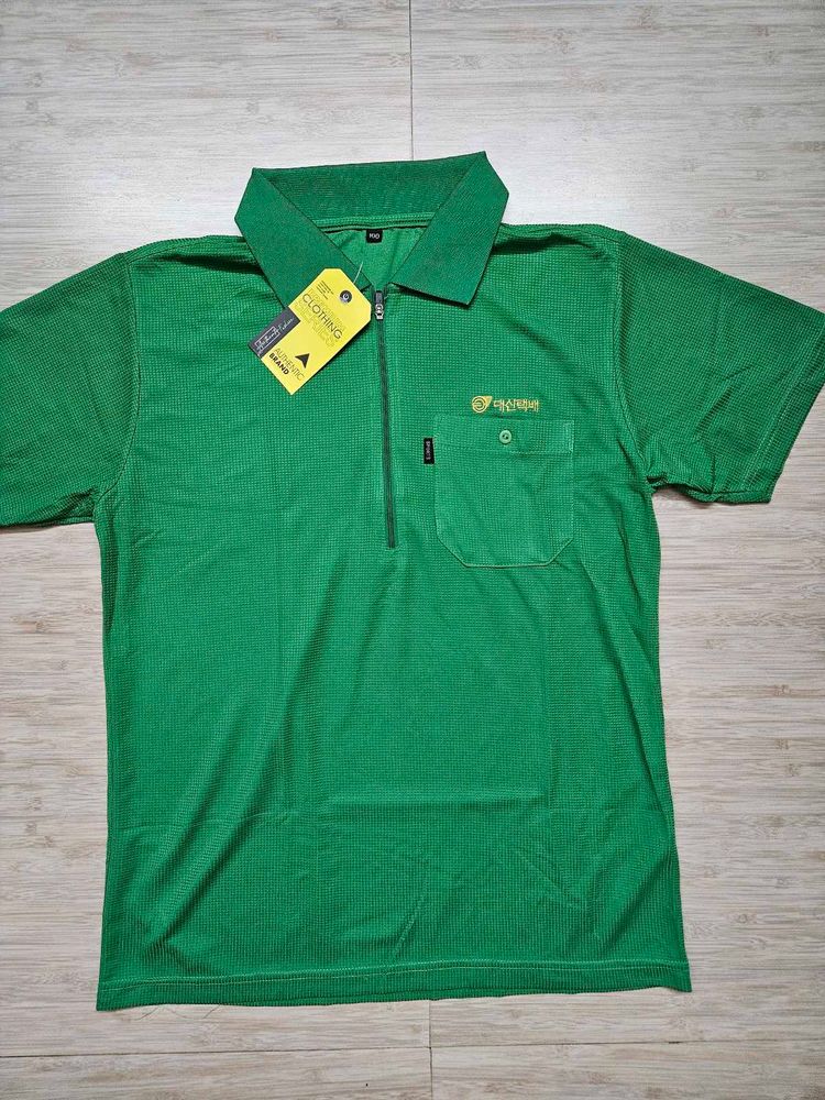 Green Polo Shirt with Zipper and Pocket