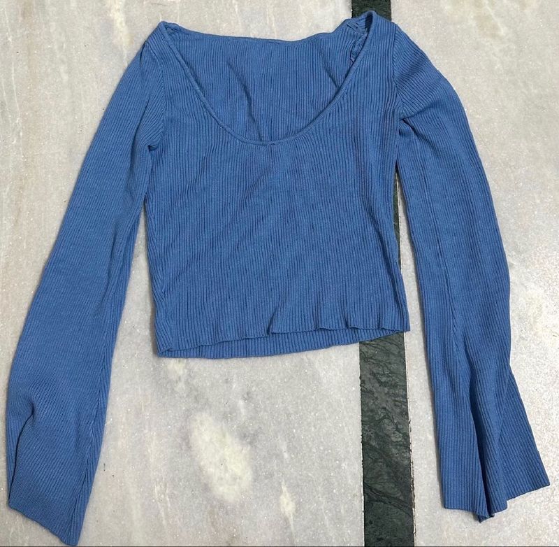 Blue Ribbed Long Sleeve Top