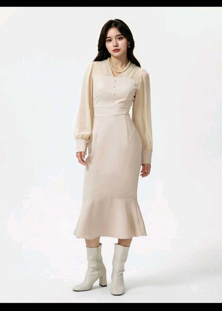 Elegant Beige Midi Dress with Ruffle Hem
