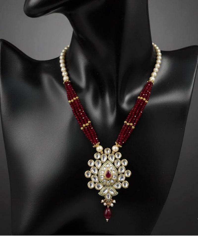Maroon, Yellow pearls Beaded Necklace