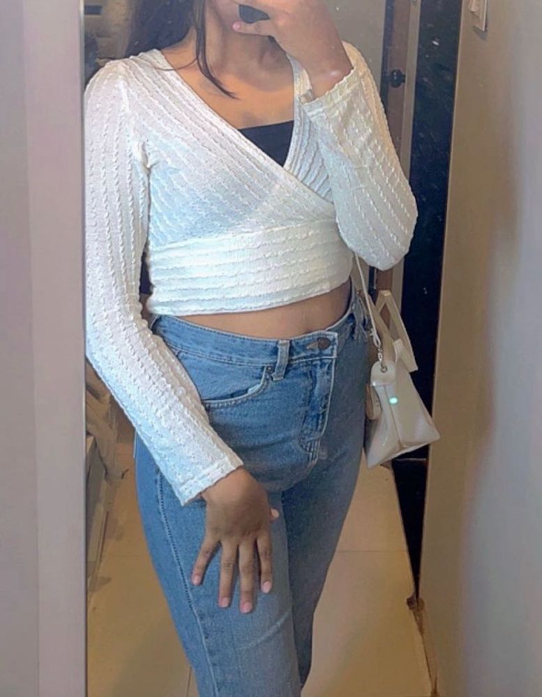 Surplice Neck Ribbed Knit Crop Top