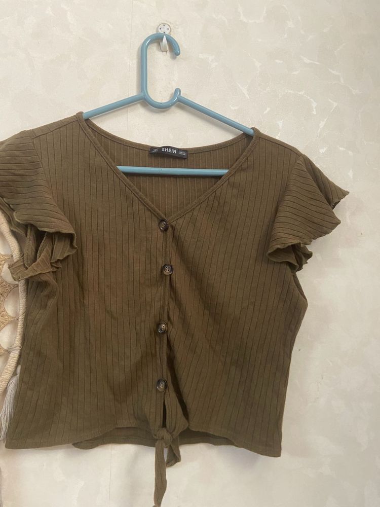 Shein -Olive Green Flutter Sleeve Top