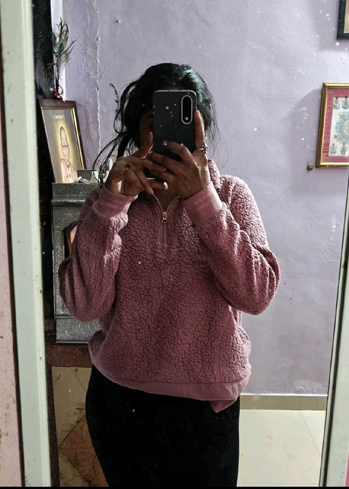 Women Cozy Pink Quarter-Zip Pullover