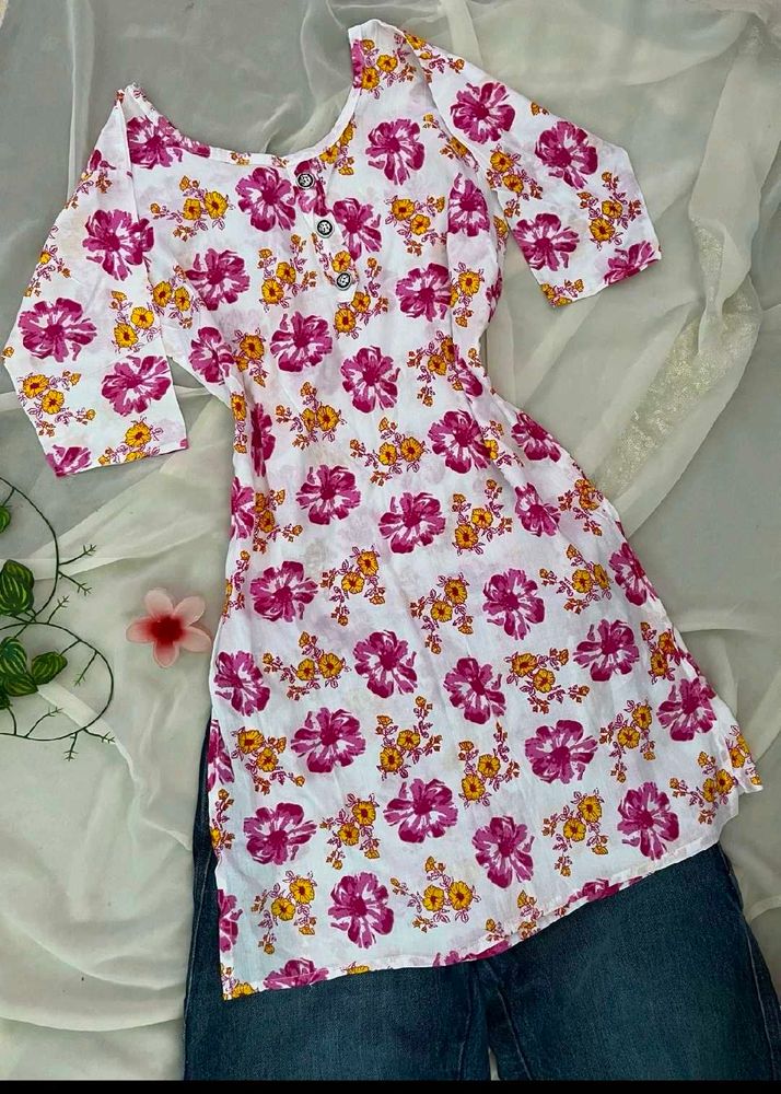 Floral Print White Kurti