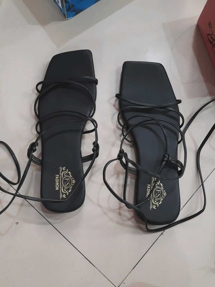 Black Lace Up Flat Sandals