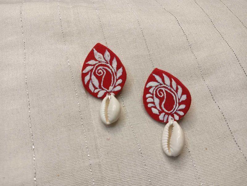 Red Paisley Earrings with Seashell Charm