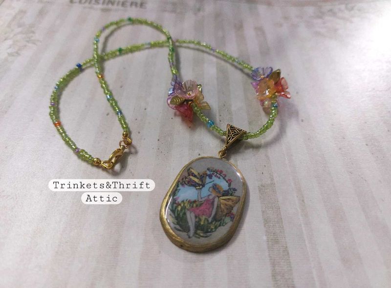 Butterfly Fairy Oval Clay Pendant Bead Necklace