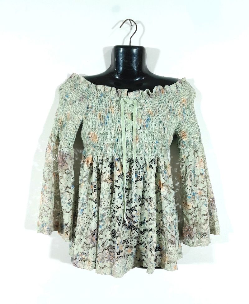 Floral Lace Off-Shoulder Bell Sleeve Top