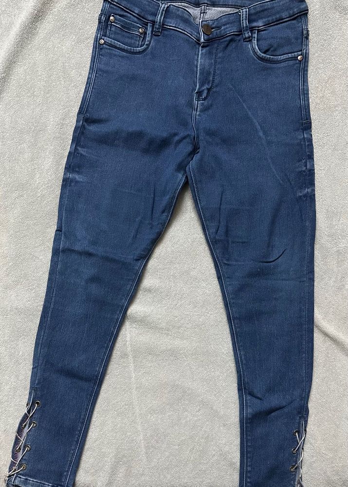 Dark Blue Skinny Jeans with Lace-Up Ankle detail