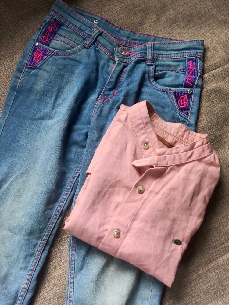 pink shirt and denim combo | women | girl