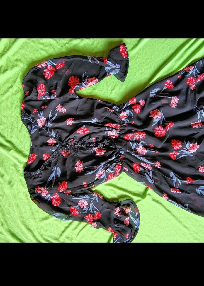 Korean Knee Length Floral Print Dress