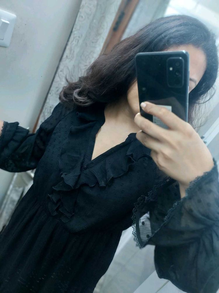 Black Ruffle Detail Mini Dress