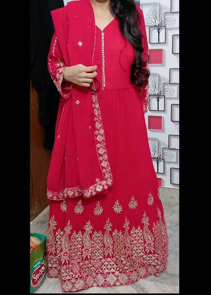 Red Embroidered Anarkali Suit
