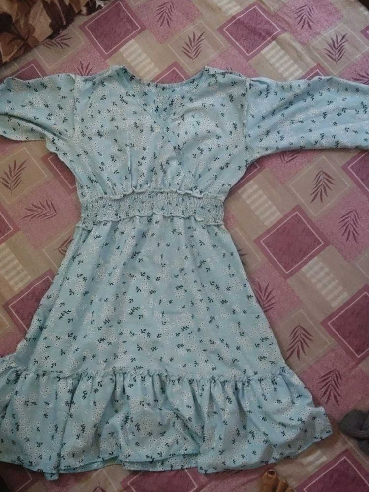 Floral Print Ruffle Mini Dress - Light Blue