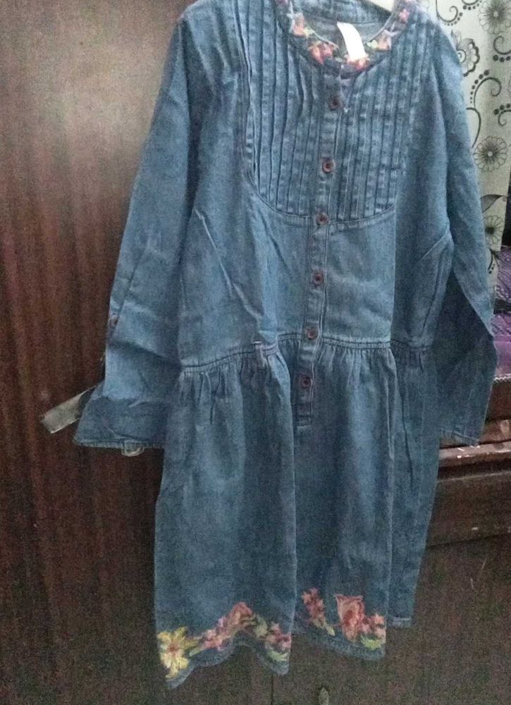 Denim Dress with Floral Details