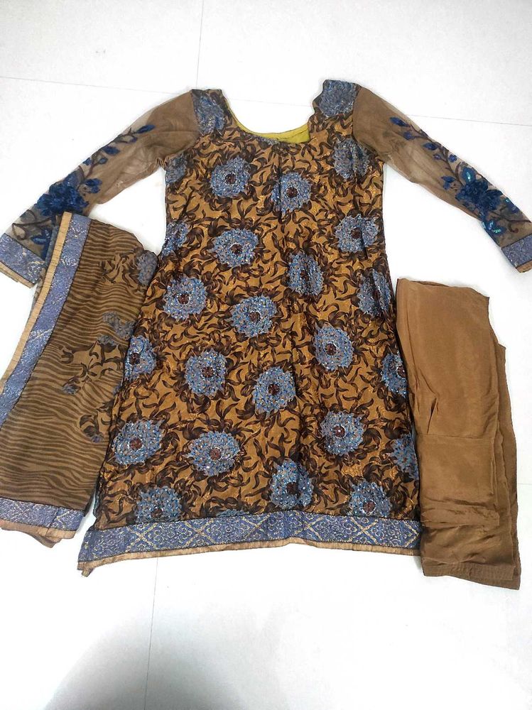 Large Size Brown Festive Floral Kurta Set