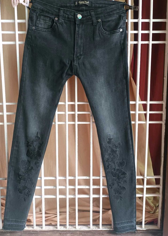 Happy Fash Black Floral Embroidered Jeans