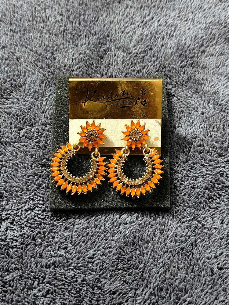 Bright Orange Floral Hoop Earrings with Gold Finis