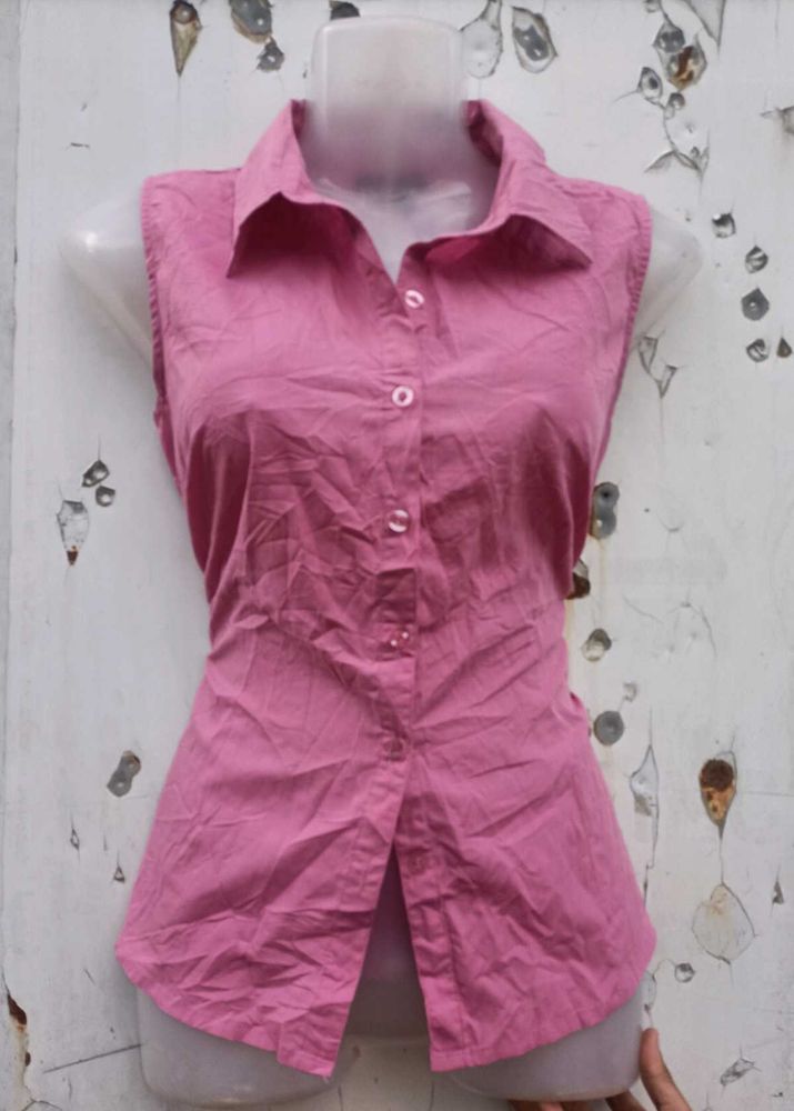Pink Sleeveless Button-Down