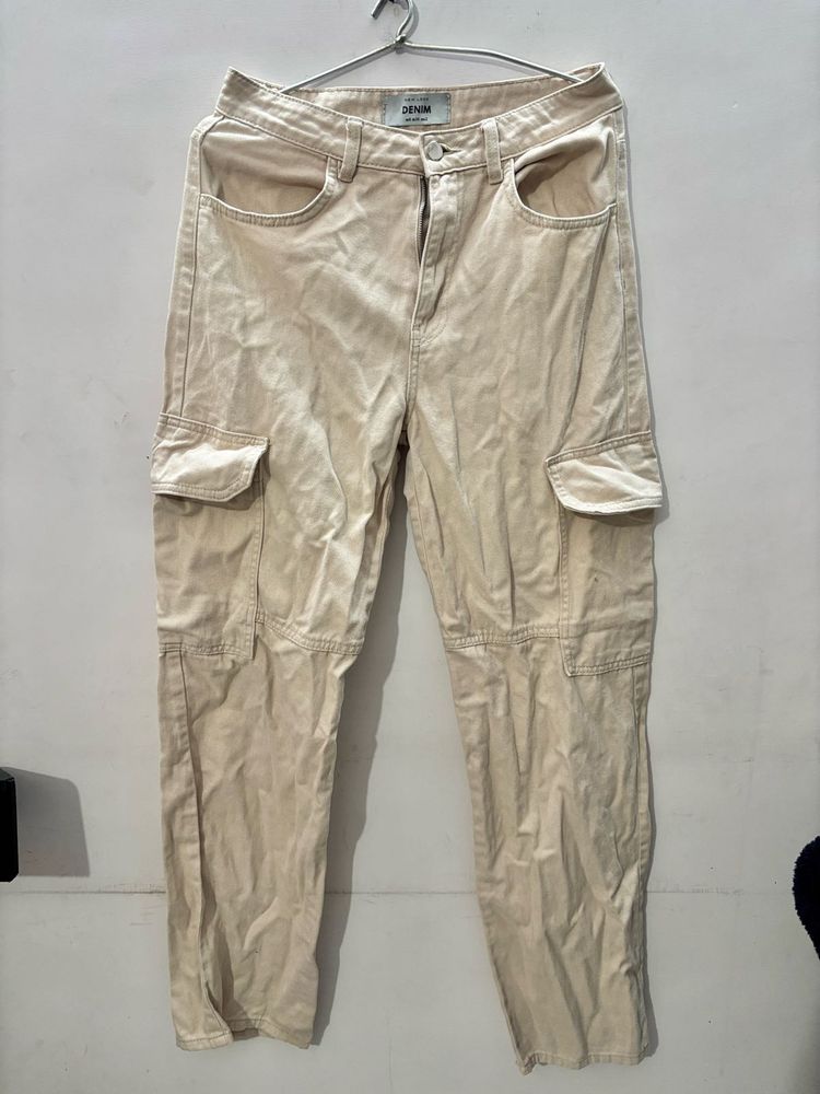 Beige Denim Cargo Pants
