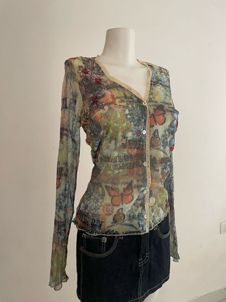 Butterfly Print Sheer Top