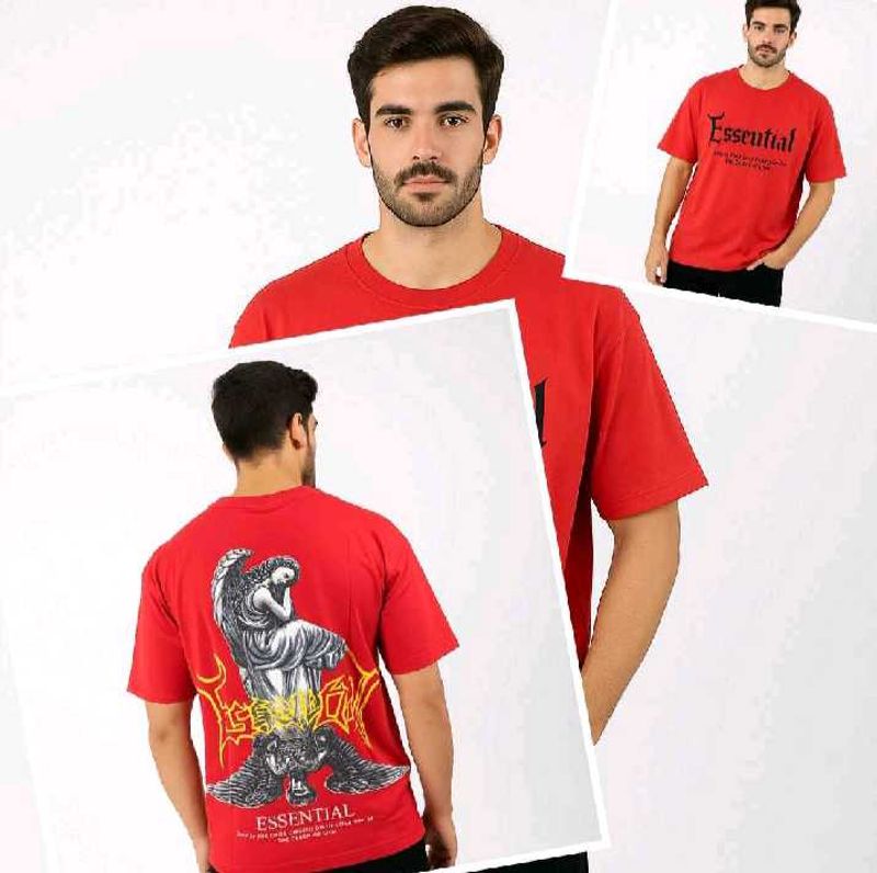 Red Graphic Print T-Shirt Down Shoulder